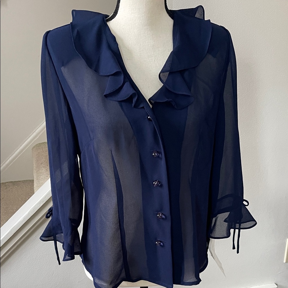Miss Dorby Elegant Navy Blue Sheer Ruffle Button Up Shrug CoverUp Sz10 NWT